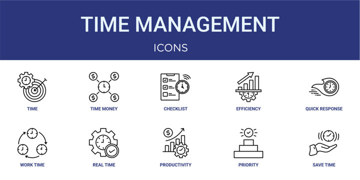 Set of 10 thin line Time Management icons for dashboards, websites and mobile app layouts. Editable outline vector pack featuring in time, checklist, quick response, real time and save time.