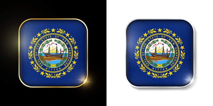 New Hampshire state flag shiny golden and silver icons isolated on black and white. USA states all flags. Vector 3D square rounded illuminated buttons with shadow. Use for bets, tournament, games
