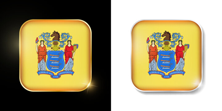 New Jersey state flag shiny golden and silver icons isolated on black and white. USA states all flags. Vector 3D square rounded illuminated buttons with shadow. Use for bets, tournament, sport games