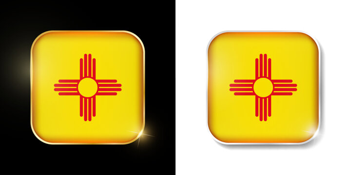 New Mexico state flag shiny golden and silver icons isolated on black and white. USA states all flags. Vector 3D square rounded illuminated buttons with shadow. Use for bets, tournament, sport games