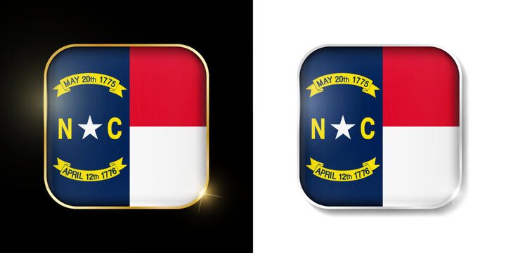 North Carolina state flag shiny golden and silver icons isolated on black and white. USA states all flags. Vector 3D square rounded illuminated buttons with shadow. Use for bets, tournament, games