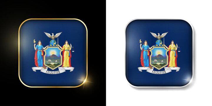 New York state flag shiny golden and silver icons isolated on black and white. USA states all flags. Vector 3D square rounded illuminated buttons with shadow. Use for bets, tournament, sport games