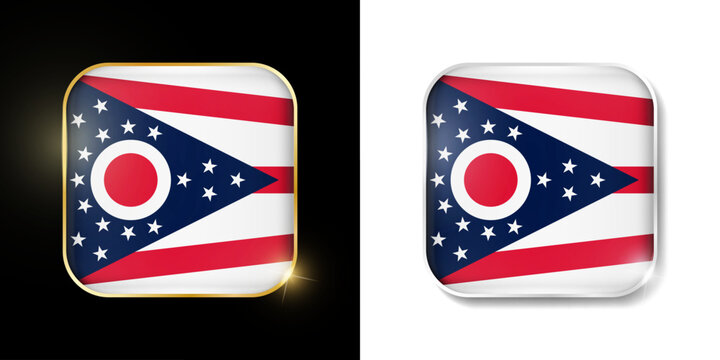 Ohio state flag shiny golden and silver icons isolated on black and white. USA states all flags. Vector 3D square rounded illuminated buttons with shadow. Use for bets, tournament, sport games