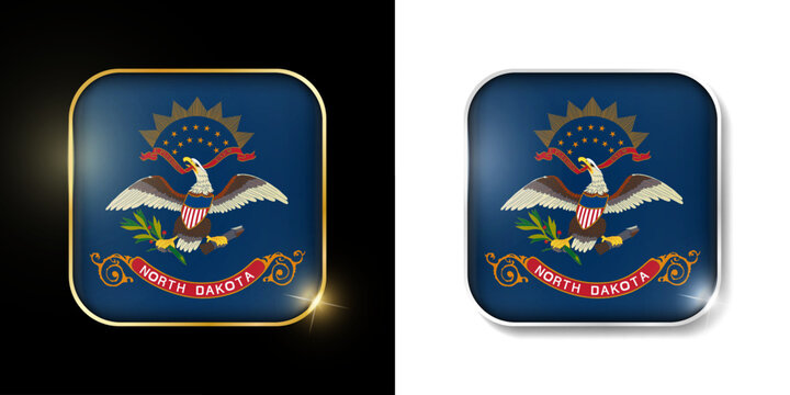 North Dakota state flag shiny golden and silver icons isolated on black and white. USA states all flags. Vector 3D square rounded illuminated buttons with shadow. Use for bets, tournament, sport games