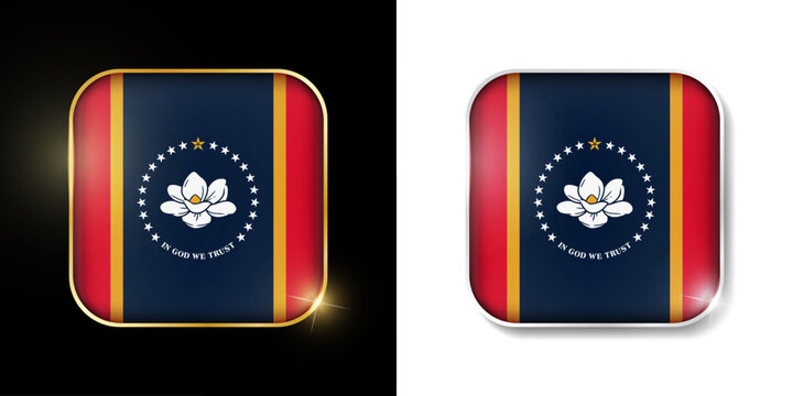 Mississippi state flag shiny golden and silver icons isolated on black and white. USA states all flags. Vector 3D square rounded illuminated buttons with shadow. Use for bets, tournament, sport games