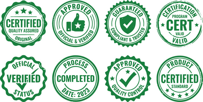 Approved certification stamp collection in green. Set of check marks, approval seals and certified labels with distressed texture