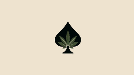 Fototapeta premium Black spade icon with cannabis leaf detail on beige background.