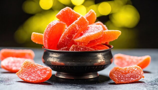 Candied grapefruit peel twists with a crystallized sugar surface, presented in a dark metal bowl with bokeh background