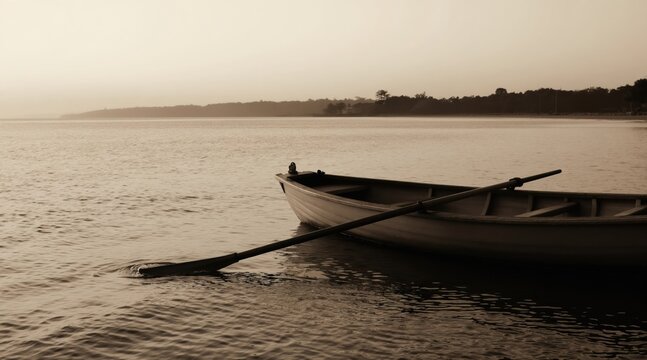 Monochrome scene of empty rowboat floating on calm water at sunrise. One oar rests in the still lake. Distant shoreline trees fade into hazy sky.