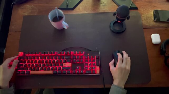 Person using backlit keyboard and computer mouse at desk