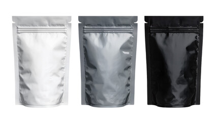 Isolated realistic flexible stand up pouch bags in white, silver, and black for food packaging © Aoife