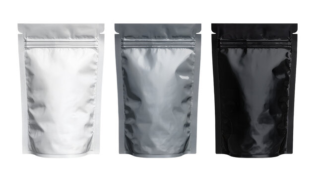 Isolated realistic flexible stand up pouch bags in white, silver, and black for food packaging