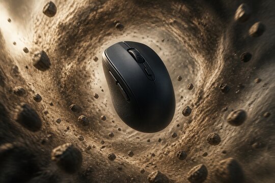 Black mouse hovers cosmic tunnel. Rounded rocks surround glowing space. Darkness swirls with warm light source. Ideal for futuristic tech or sci-fi themes. Mouse appears suspended, isolated