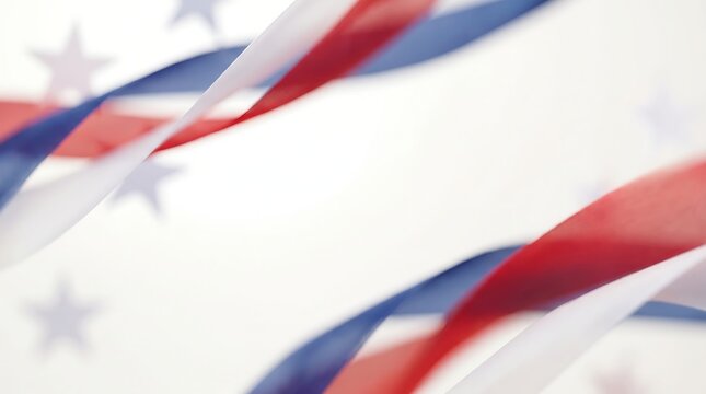 Wavy red white and blue ribbons frame a bright empty space featuring soft blurred stars in a patriotic celebration background