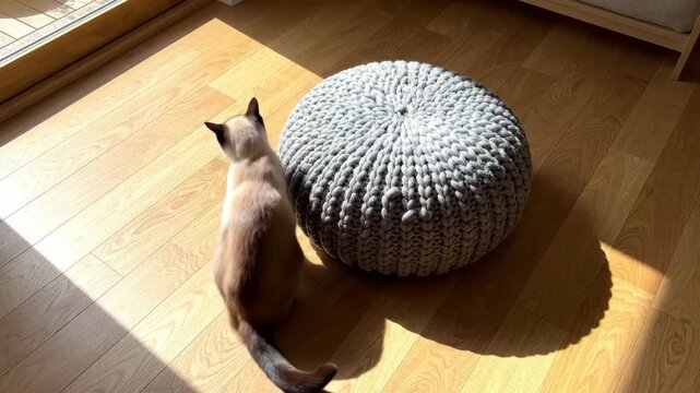 Siamese Cat Walking Past a Light Grey Knitted Textured Pouf on a Hardwood Floor in a Warm Patch of Sunlight