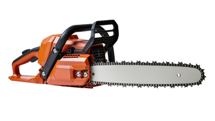Naklejka premium Isolated professional orange and black gasoline powered chainsaw for wood cutting and logging work