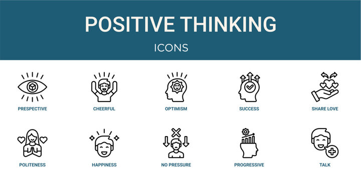 Set of 10 outline Positive Thinking icons for reports, landing pages and application screens. Editable stroke icon pack including prespective, cheerful, share love, politeness and talk.