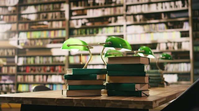 Close up of stacked books on desk in quiet university library with warm lighting and green lamp, educational environment with bookshelves and study materials.