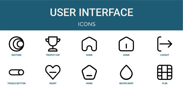 Set of 10 outline User Interface icons for reports, landing pages and application screens. Editable stroke icon pack including gesture, trophy cup, logout, toggle button and flim.