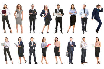 Fototapeta premium Diverse business professionals standing in various poses, corporate teamwork and global workforce concept, isolated on white background