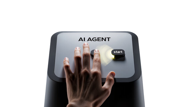 Isolated human hand presses the glowing start button on an AI Agent device for interaction