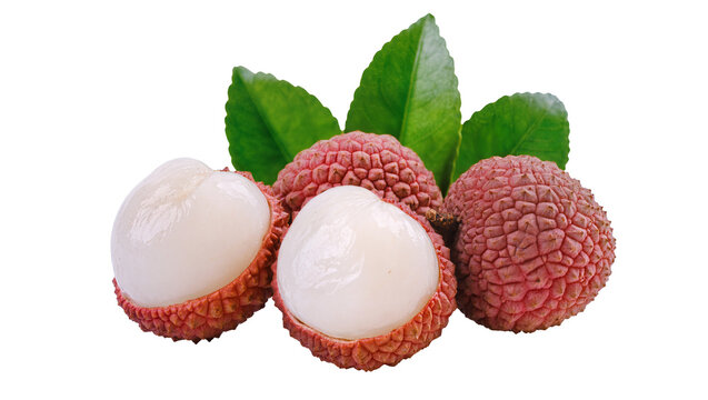 Isolated fresh lychee fruits with green leaves, some peeled, showcasing their juicy tropical taste