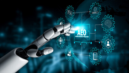 Obraz premium Futuristic Robot Hand Interacting with Digital Interfaces Representing Artificial Intelligence and Machine Learning Concepts in a Tech Environment. Glyphic.