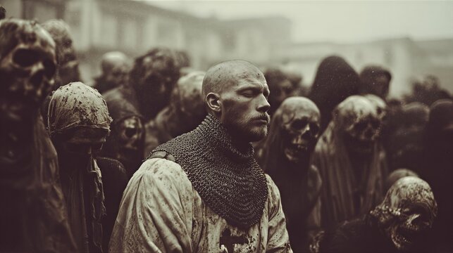 Bald man in chainmail coif surrounded by zombie horde in foggy urban street. Post-apocalyptic horror scene with undead creatures in dystopian setting for survival and thriller concepts.