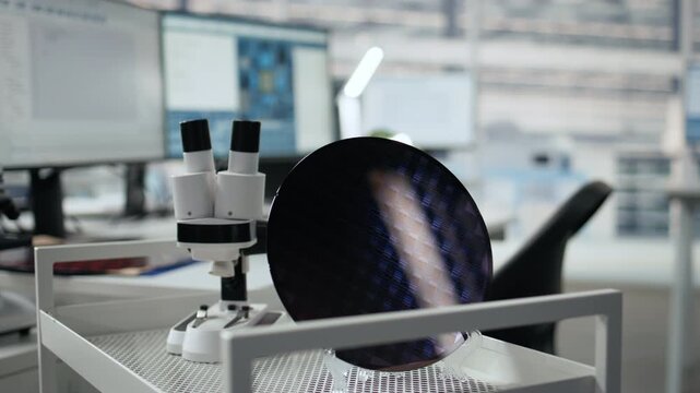 Close up of microchip factory research office equipment and silicon wafer, microscope and semiconductor substrate in PCB manufacturing plant R&D laboratory doing hardware systems innovations.