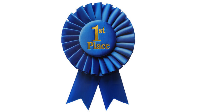 Isolated blue first place award ribbon symbolizing victory and excellence in competition