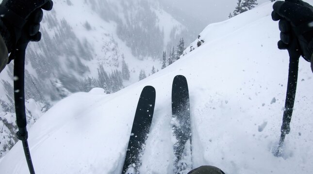 POV Backcountry Skiing in Deep Powder on a Snowy Mountain During a Blizzard