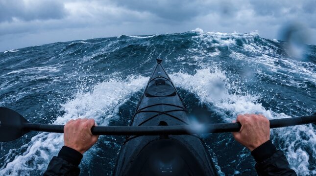 Kayaker's POV navigating wild, stormy ocean waves with paddle in hands