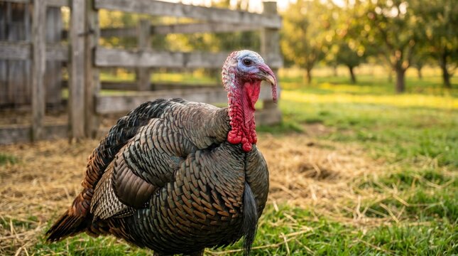 Majestic Turkey with Iridescent Feathers on a Farm in Golden Light