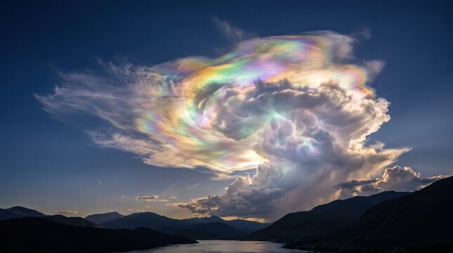 Spectacular Iridescent Clouds Over Mountain Landscape and Tranquil Lake at Twilight