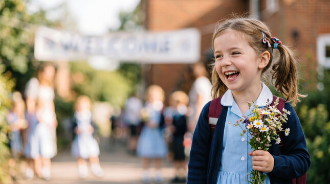 Smiling young girl in school uniform holding a bouquet of flowers. Happy primary student arriving on the first day of classes with a welcome banner in the blurred background. Back to school concept