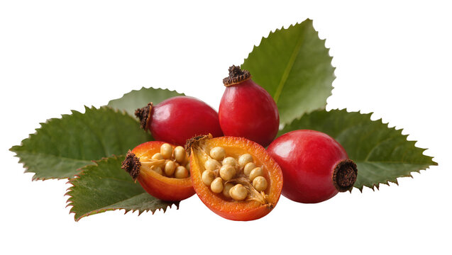Isolated fresh rose hips with green leaves, one cut open revealing seeds, vitamin C rich