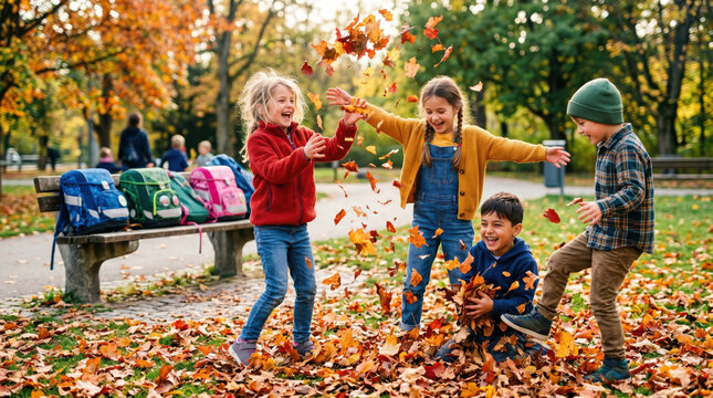 Happy children playing with fallen leaves in an autumn park. Kids throwing foliage and laughing after school with backpacks on a bench. Outdoor seasonal activity