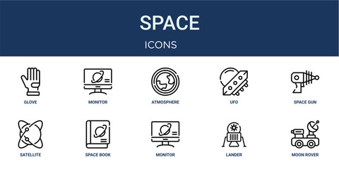 Set of 10 outline Space icons for reports, landing pages and application screens. Editable stroke icon pack including glove, monitor, space gun, satellite and moon rover. © Emilia