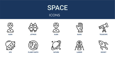 Set of 10 outline Space icons for reports, landing pages and application screens. Editable stroke icon pack including alien, jetpack, telescope, ufo and rocket. © Emilia