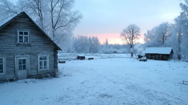 Wooden cabin in snowy winter landscape at sunset. Rustic house amid frosted trees and blue twilight sky. Serene rural nature scene with calm field and distant outbuilding.