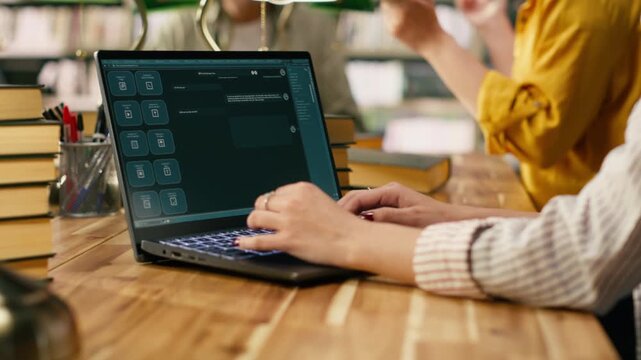 Student using AI study assistant interface on laptop during group study session in library, showcasing modern education with generative AI tools.