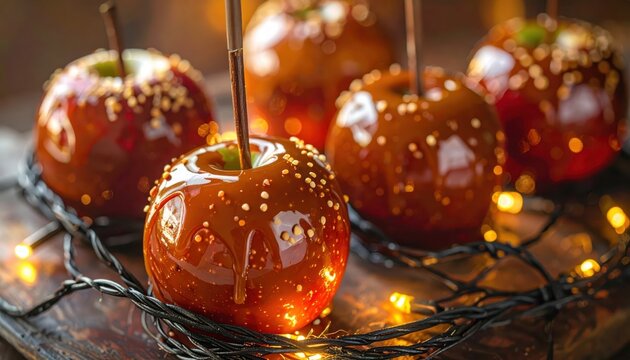 Decadent sticky caramel apples adorned with sprinkles on a festive light display