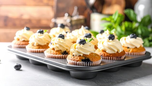 Delectable blueberry muffins crowned with rich cream cheese frosting and fresh berries on a baking tray