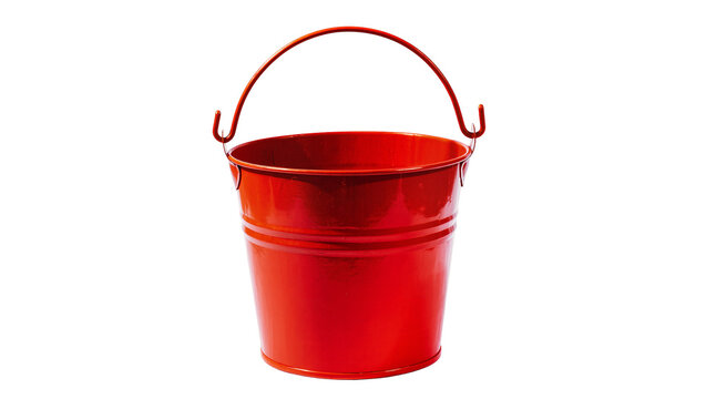 Isolated bright red metal bucket with sturdy carrying handle, a classic utilitarian container