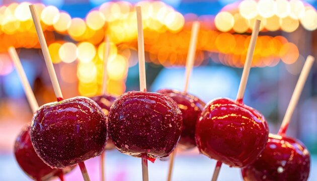 Deep Red Candied Apple Slices With Sparkling Sugar Artfully Arranged With Soft Bokeh Lights
