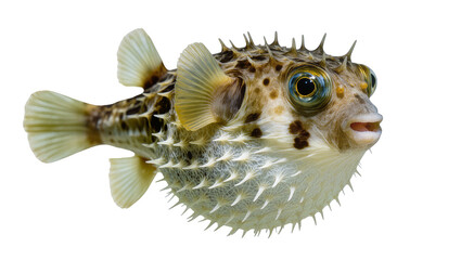 Isolated porcupinefish in defensive posture, inflated with sharp spines, exotic marine fish © Aoife