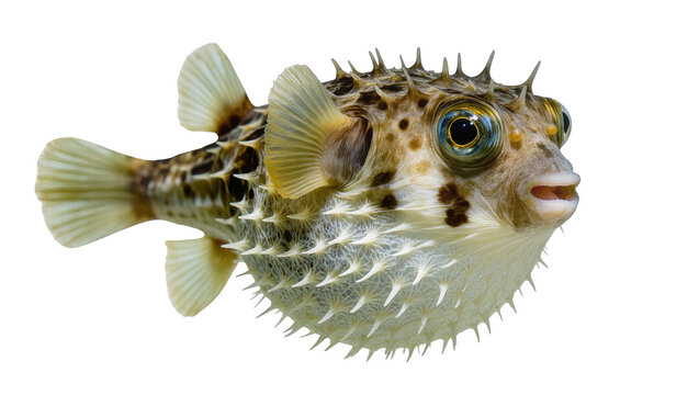 Isolated porcupinefish in defensive posture, inflated with sharp spines, exotic marine fish