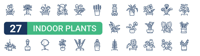 Set of 27 thin line Indoor Plants icons for app screens, websites and product dashboards. Outline vector pack featuring tulips, string of heart, yucca, hyacinth, venus flytrap and ficus. © Emma