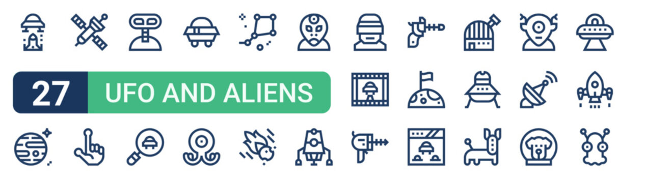 Set of 27 thin line Ufo and Aliens icons for app screens, websites and product dashboards. Outline vector pack featuring invaders, planet, satellite dish, extraterrestrial, alien and search.