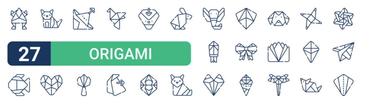 Set of 27 thin line Origami icons for app screens, websites and product dashboards. Outline vector pack featuring frog, fish, cat, heart, origami and flower.